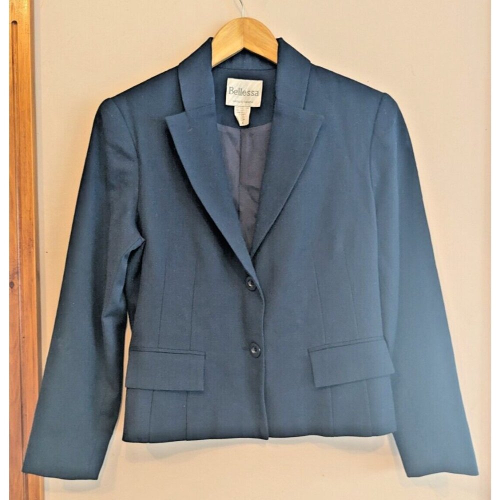 Vintage Bellessa Women's 100% Wool Blazer Size 4 MADE IN CANADA Navy Blue